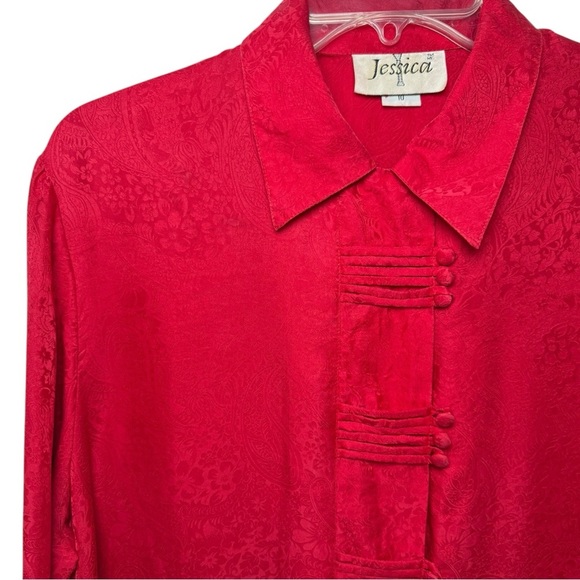 Vintage Silk Paisley Asian Inspired Cheongsam Shirt Size 10 Red 90s Y2K Jessica - Picture 11 of 12